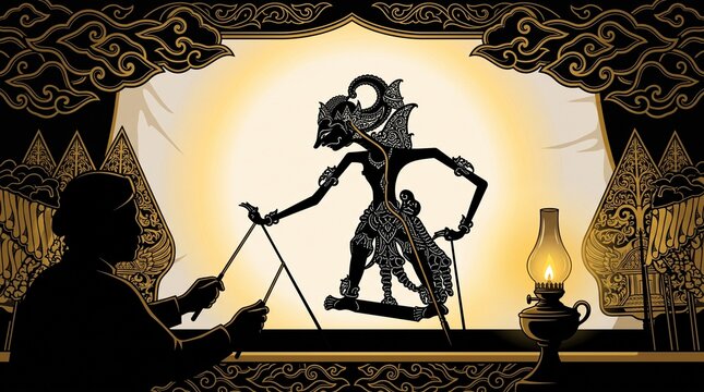 Traditional Javanese Wayang Kulit Shadow Puppet Performance with Dalang and Oil Lamp Illustration