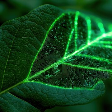 Abstract macro of green leaf veins integrated with glowing green circuit board patterns
