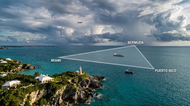 Conceptual illustration of the Bermuda Triangle showing Miami, Bermuda, and Puerto Rico locations over a scenic ocean view with ships and an airplane