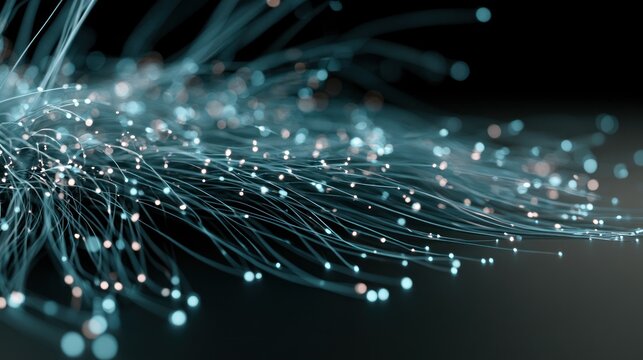 Abstract glowing fiber optics network data transmission