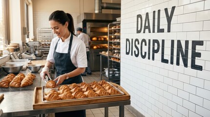 Naklejka premium Female baker preparing fresh croissants in modern bakery kitchen