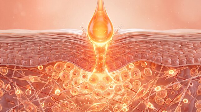Microscopic cross section 3D illustration showing golden serum droplet penetrating deep skin layers to nourish cells and collagen fibers for advanced cosmetic care concept