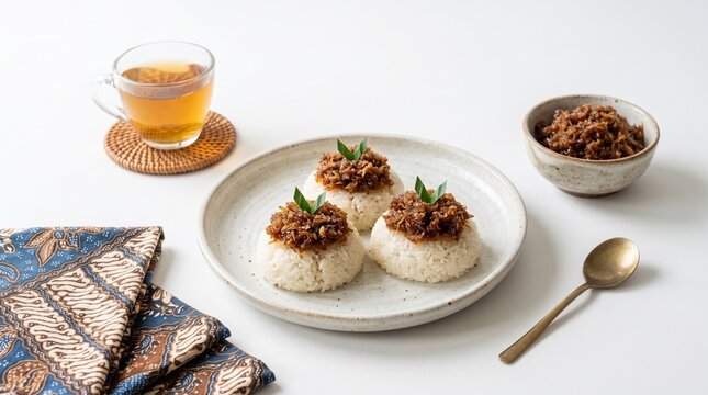 Indonesian ketan unti kelapa, three round sticky rice balls topped with palm sugar coconut on a plate served with warm tea and batik cloth.