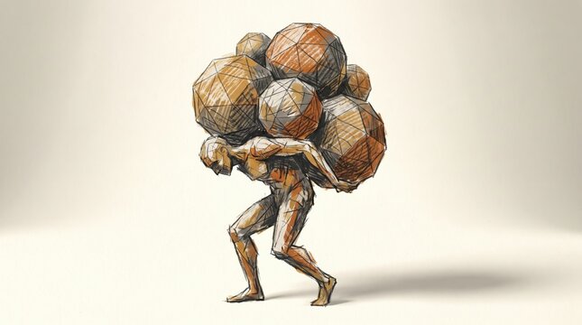 Man carrying large geometric spheres symbolizing burden and struggle, conceptual art illustration.