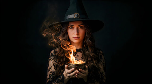 Mysterious woman in witch hat holding a glowing magic potion for a dark halloween celebration