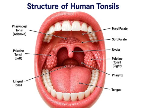 Structure of Human Tonsils 3D Medical Anatomy Illustration with Labels