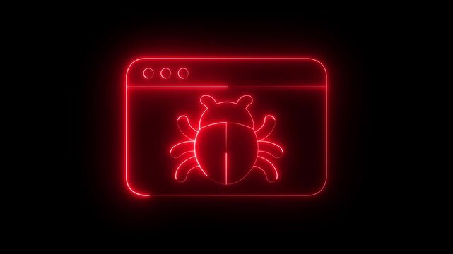 glowing neon Browser windows with Software bug icon isolated on black background. representing Webpage malware virus symbol, online system vulnerability, computer programming or technical issues.