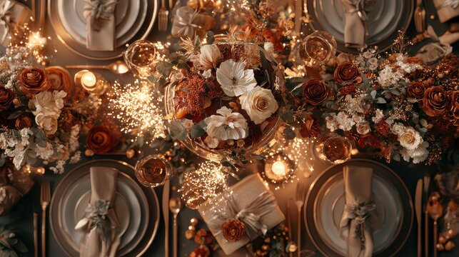 Festive banquet delicious torte sparkling lights floral elegance surprise presents refined styling flat design top view luxury party theme 3D render Split complementary color scheme. 