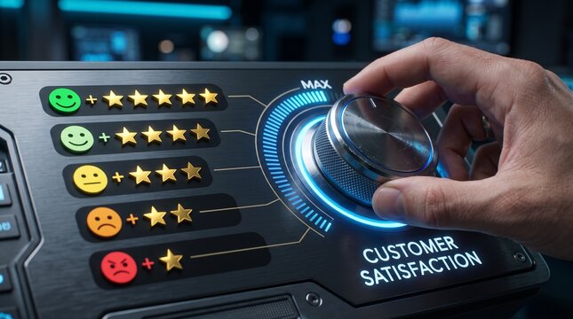 Customer Satisfaction Meter: A close-up shot captures a hand adjusting a dial on a futuristic interface, indicating customer satisfaction levels from excellent to poor.