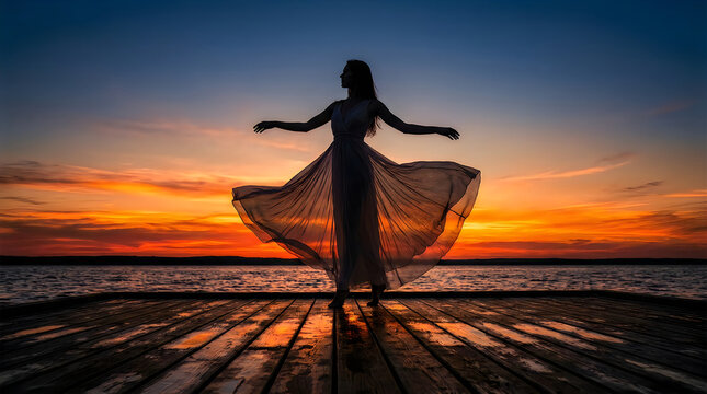 Silhouette of a woman dancing in a flowing dress during a vibrant halloween sunset