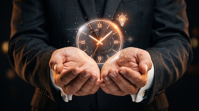 Time is of the Essence: A person in a suit holds out their hands, presenting a glowing clock with a creative lightbulb symbolizing a brilliant idea, encapsulating the value of time and innovation.