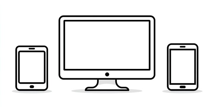 Vector illustration of a computer monitor flanked by two mobile phones. Devices and tech concept