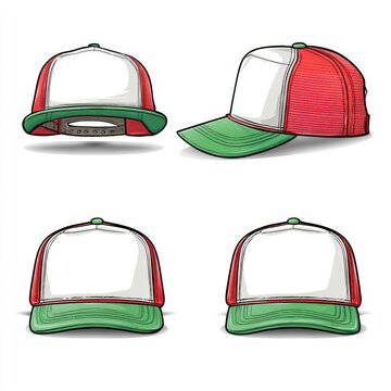 Vector illustration of a trucker hat, four angles, white, red, and green colorway