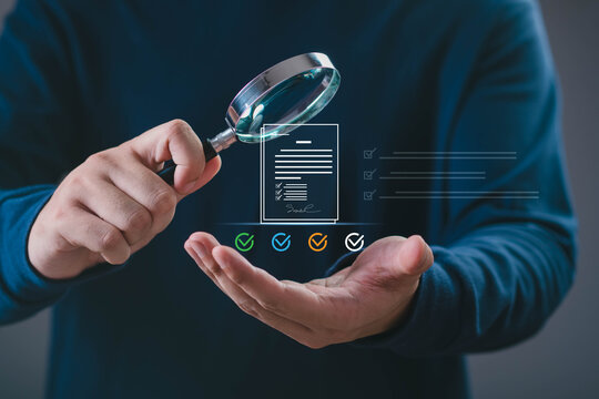 Magnifying glass inspecting a digital checklist and compliance document, symbolizing quality assurance, document verification, audit process, business compliance, inspection, approval, risk management