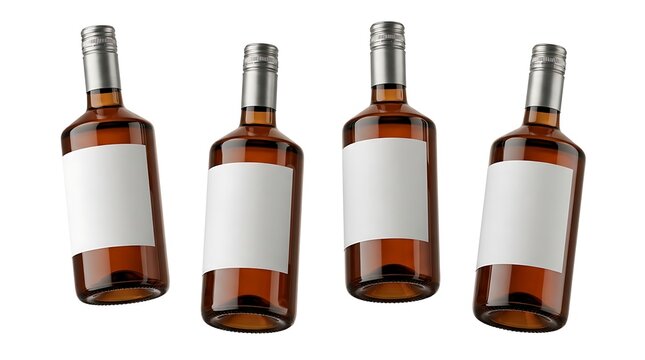 Four glass bottles of amber liquid with blank labels floating in the air isolated on white background