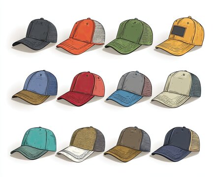 Vector illustration of various colorful baseball caps