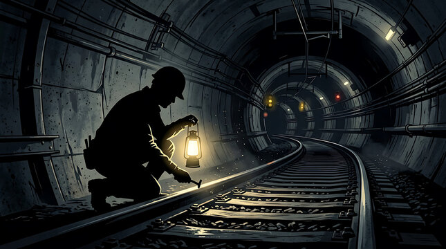 Railway worker inspecting tracks inside dark underground tunnel with inspection