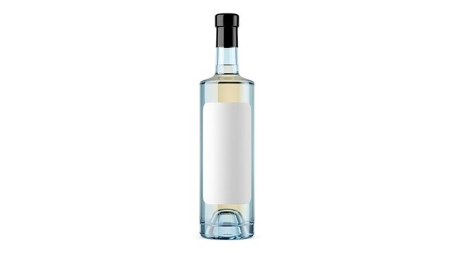 Clear glass bottle with blank label and black cap for alcoholic beverage or spirits isolated on white background