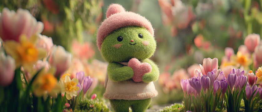 two cute little moss creature huging wearing pink and purple hats