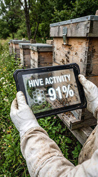 Person checking bee hive activity level on digital tablet near wooden beehives
