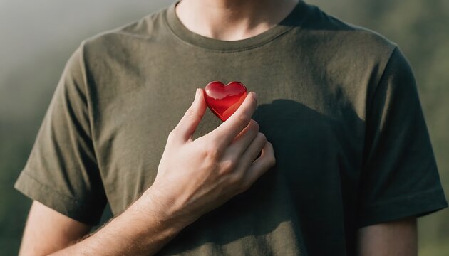 Man holding a red heart near his chest. Symbol of love and health care concept.