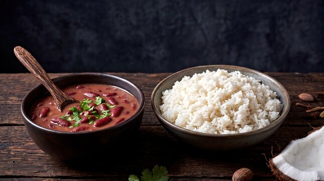 Tanzanian Wali Wa Maharage with Coconut Sticky Rice and Kidney Bean Soup on Dark Rustic Wood