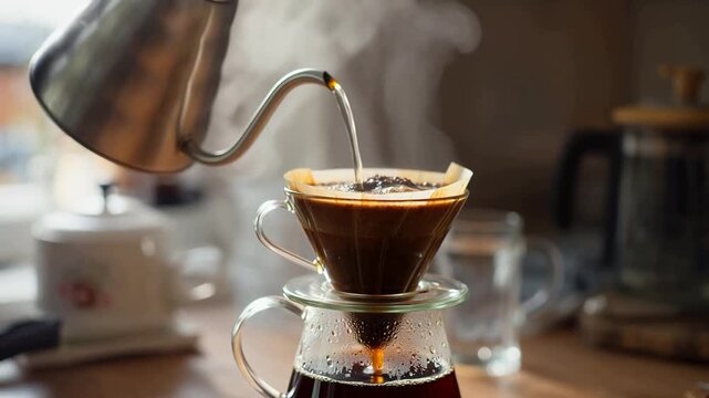 Hot water being poured from a gooseneck kettle into a coffee filter over a glass carafe, with steam rising and coffee dripping through.