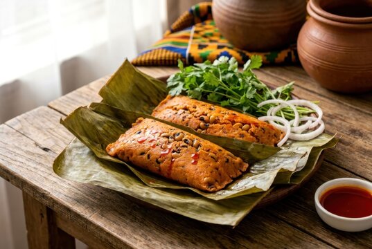 Cameroonian Koki Steamed Black Eyed Pea Cake Served on Banana Leaves with Palm Oil Sauce