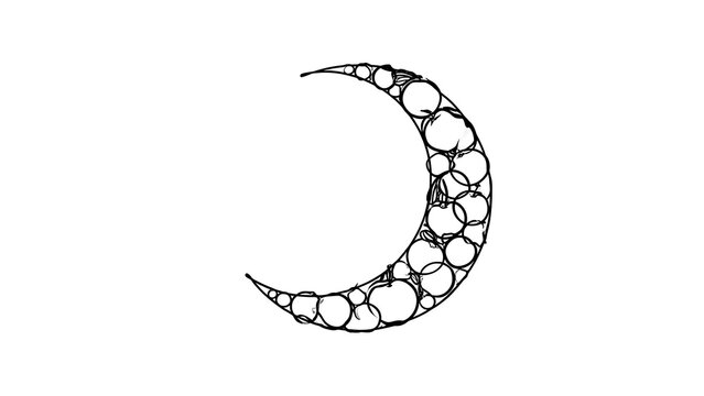 Crescent moon with circular patterns white background.