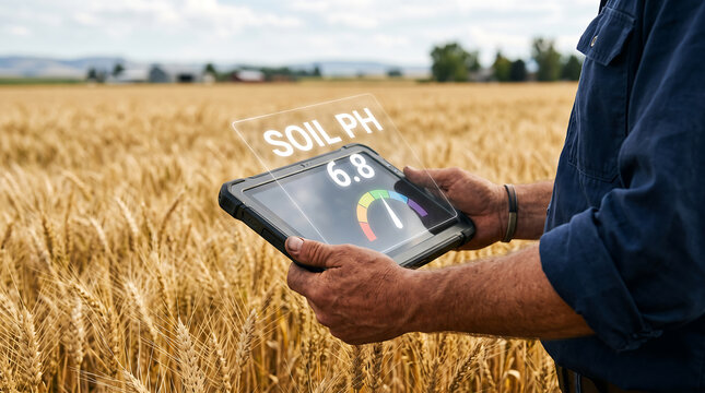 Farmer checking soil acidity level using digital tablet in wheat field