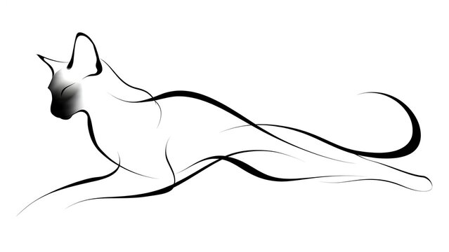 Elegant Siamese cat line art illustration white background.