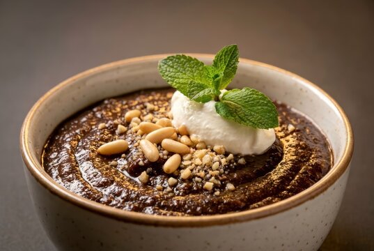 Traditional Tunisian Assida Zgougou Sweet Pine Nut Pudding Served in a Ceramic Bowl
