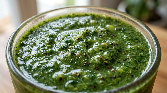 Thick Green Smoothie with Chia Seeds and Fresh Leafy Texture in Glass Close-Up