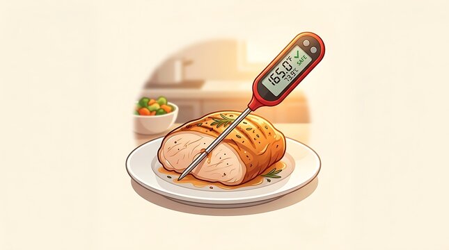 Digital meat thermometer measuring internal temperature of roast