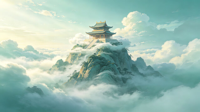 Fantasy ancient Chinese temple on misty mountain peak, waterfalls and soft clouds
