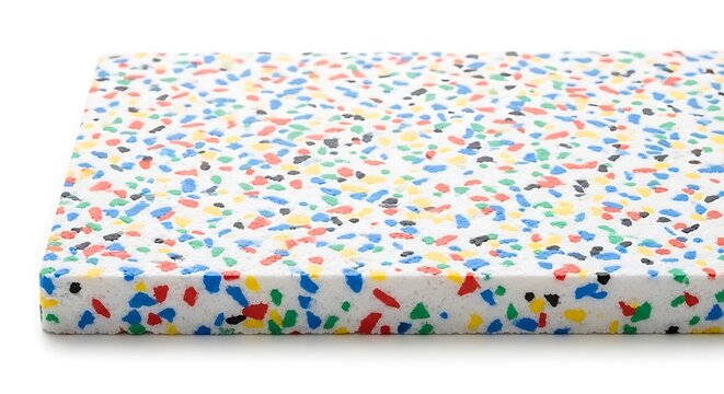 Rectangular block of white foam with colorful confetti pattern texture isolated on white background