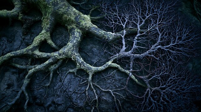 Prompt: A conceptual fine-art landscape. Gnarled, mossy tree roots spreading across a dark damp earth floor are double exposed with the intricate, branching structures of dark deep-sea coral 
