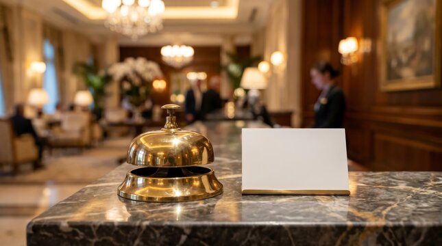 Luxury hotel reception desk with a polished concierge bell in the foreground and a white plaque beside it