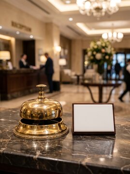 Luxury hotel reception desk with a polished concierge bell in the foreground and a white plaque beside it