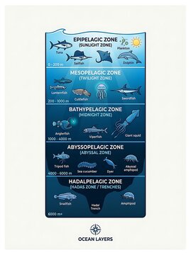 Infographic showing ocean depth layers and marine life zones