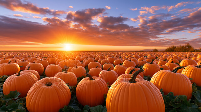 Pumpkin patch at sunset with bright orange pumpkins under the sky  