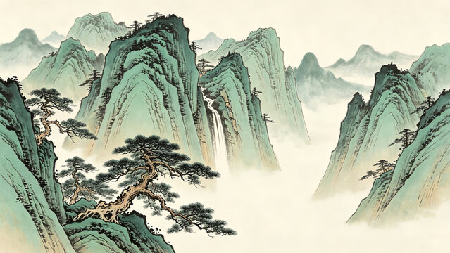 Classic chinese ink wash mountain scenery, twisted ancient pine trees on steep cliffs