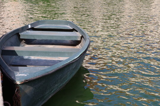Empty green rowboat floating on a calm garden pond with rippling reflections, surrounded by lush aquatic plants and a stone embankment in daylight.