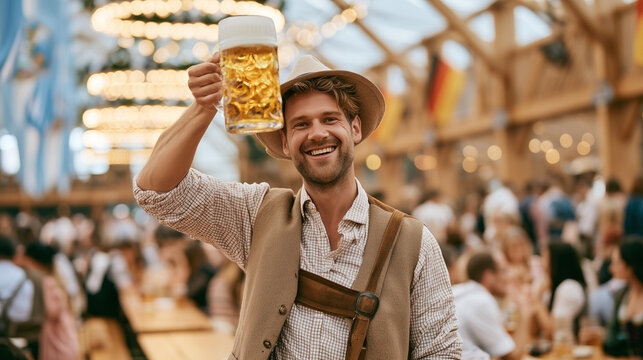 Happy man raising beer mug while celebrating Oktoberfest in traditional Bavarian clothing at crowded festival