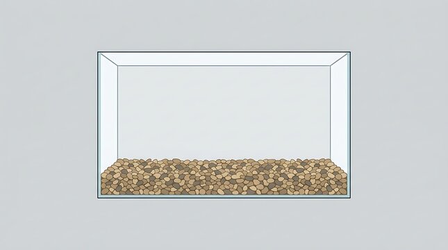 Empty rectangular glass fish tank with gravel bottom on gray background