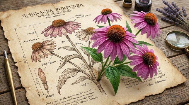 Vintage botanical illustration of purple coneflower, Echinacea purpurea, 