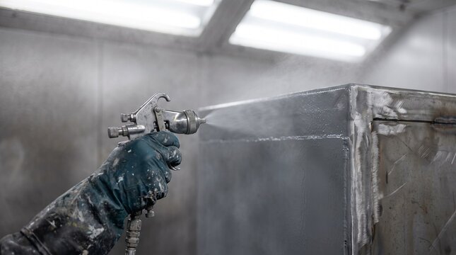 Industrial worker applies gray primer/paint to a metal box with a spray gun. Shows the metal finishing process in a manufacturing paint booth for protective coating.