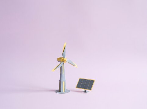 Colorful Model of Wind Turbine and Solar Panel on Soft Pink Background for Renewable Energy Concept