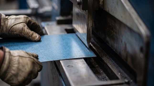 A worker in protective gloves feeds a metal sheet into an industrial shear machine. This close-up highlights the precision and safety in metal fabrication and manufacturing.