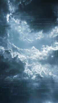 Dynamic clouds intertwine with digital circuit elements, creating a surreal fusion of technology and atmosphere. This modern visual metaphor highlights the evolution of cloud technology and innovation